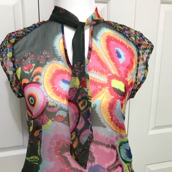 Desigual Sheer Floral Tie V-Neck Blouse S Y2K Cap Sleeve Art Print - Picture 15 of 17